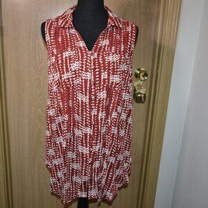 CAFFE Marrahesh Red White Collared Sleeveless Spring Summer Boho Print Blouse